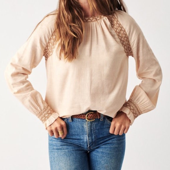 Faherty Arles Brown Embroidered Peasant Blouse White Balloon Sleeve Boho Sz XS - Picture 3 of 12